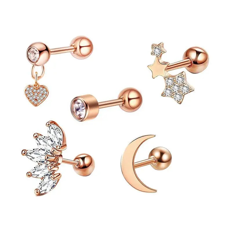 5PCS Heart Tragus Piercing Stud Earring Set Small Lobe Stud Earrings Cartilage Piercin close-up view
