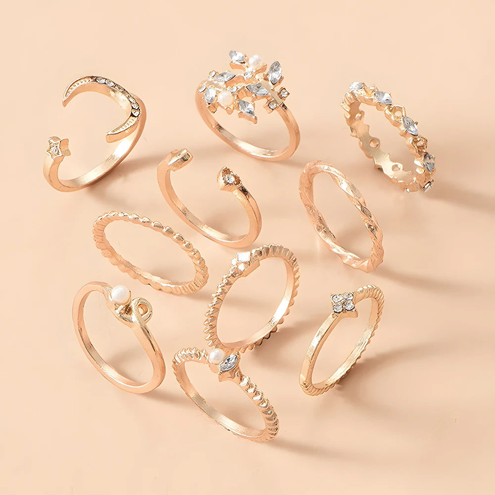 10Pcs Rings Suit For Women Gold-color Chain Ring Set Bohemian Style Coin Snake Moon S lifestyle view