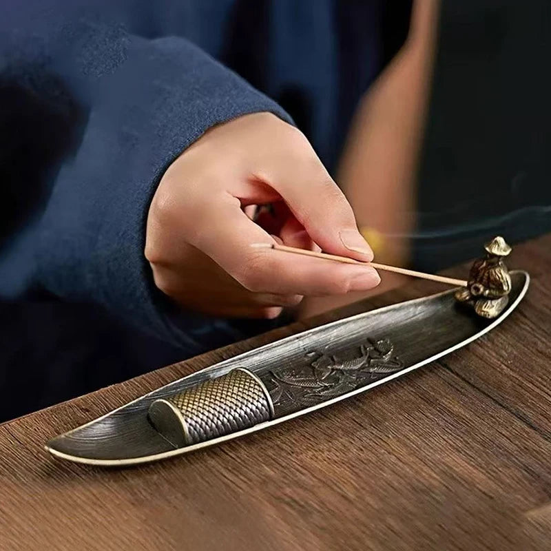 Fishing Old Man Boat Incense Burner | Metal Sandalwood Incense Holder for Home detail view