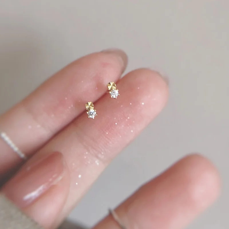 925 Silver Needle Simple Shiny Zircon Earrings Gold Plating Jewelry Crystal Stud Earring detail view