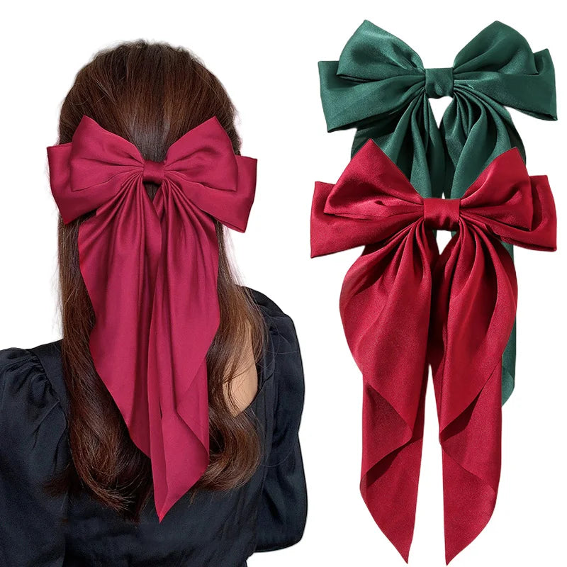 Korean Accessories Hair Clips for Women Girls Big Bowknot Solid Satin Long Ribbon Bows S detail view