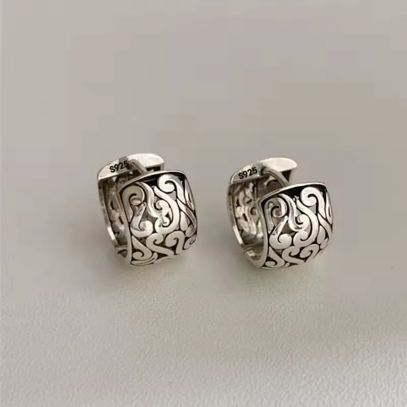 PANJBJ925 Sterling Silver Frosting Hoop Earrings For Women Texture Geometry Design Tre close-up view