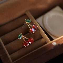 2024 Red Cherry Leaf Crystal Zircon Stud Earrings
