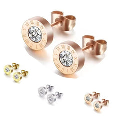 2Pcs 316 Stainless Steel Round Shine AAA CZ Diameter Roman Numeral Stud Earrings For Women, High Qua