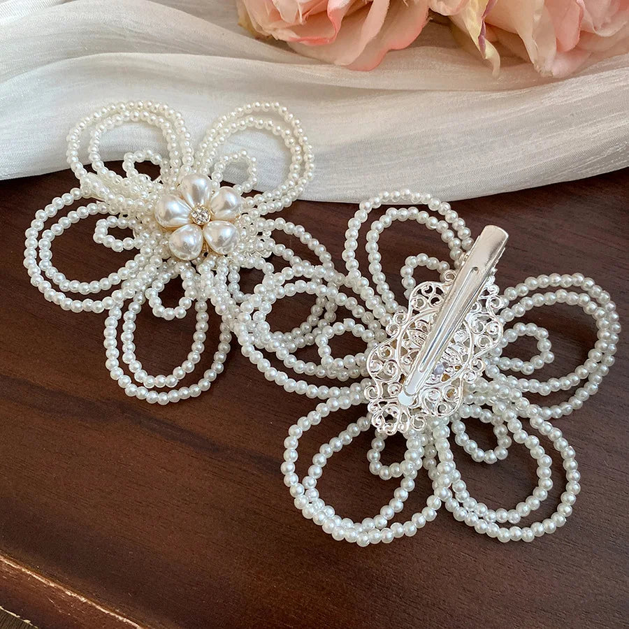New Vintage Rhinestone Pearl Flower Hair Clip Fashion Versatile Back Head Duckbill Clip High Grade Hair Accessories For Women