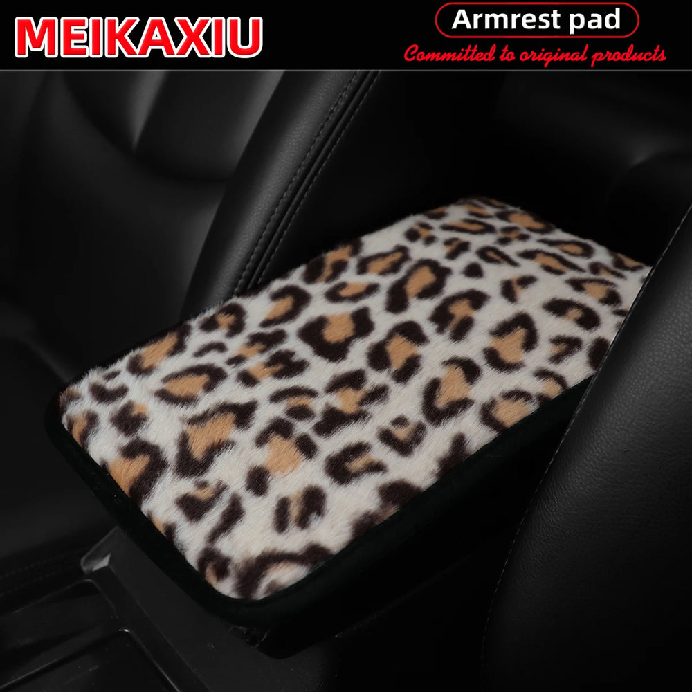 Artificial Rabbit Fur Leopard Print Car Armrest Pad additional angle