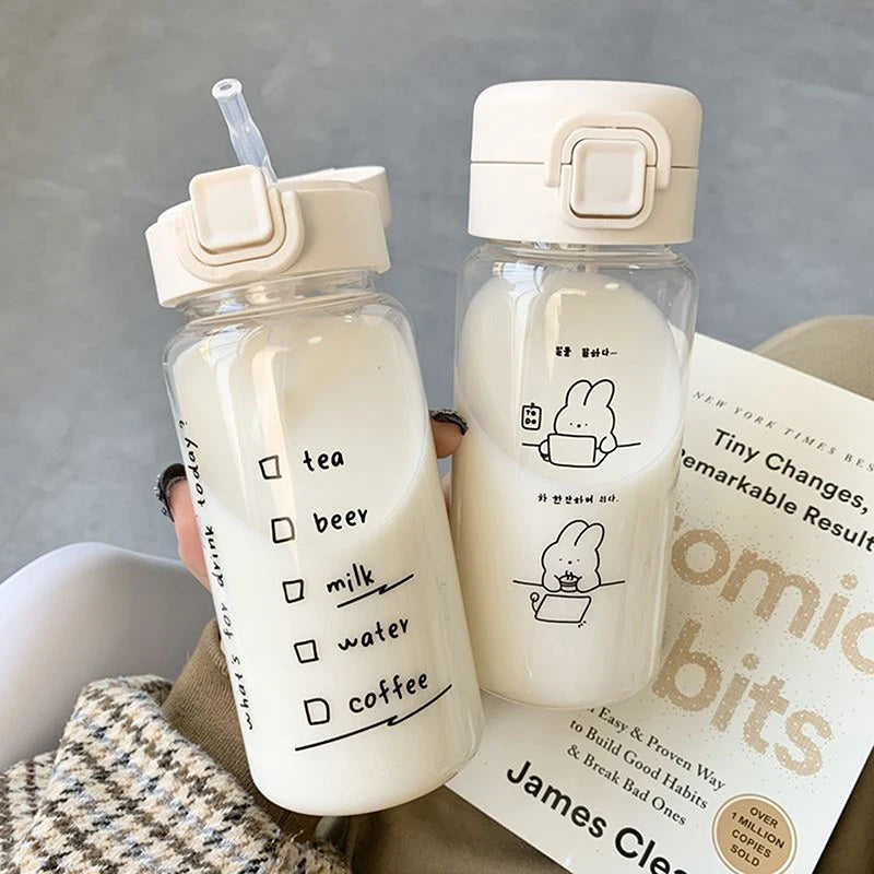 Cartoon Water Bottle With Straw Cute Plastic Drinking Bottle Portable Leak-proof Drinkware For Drink