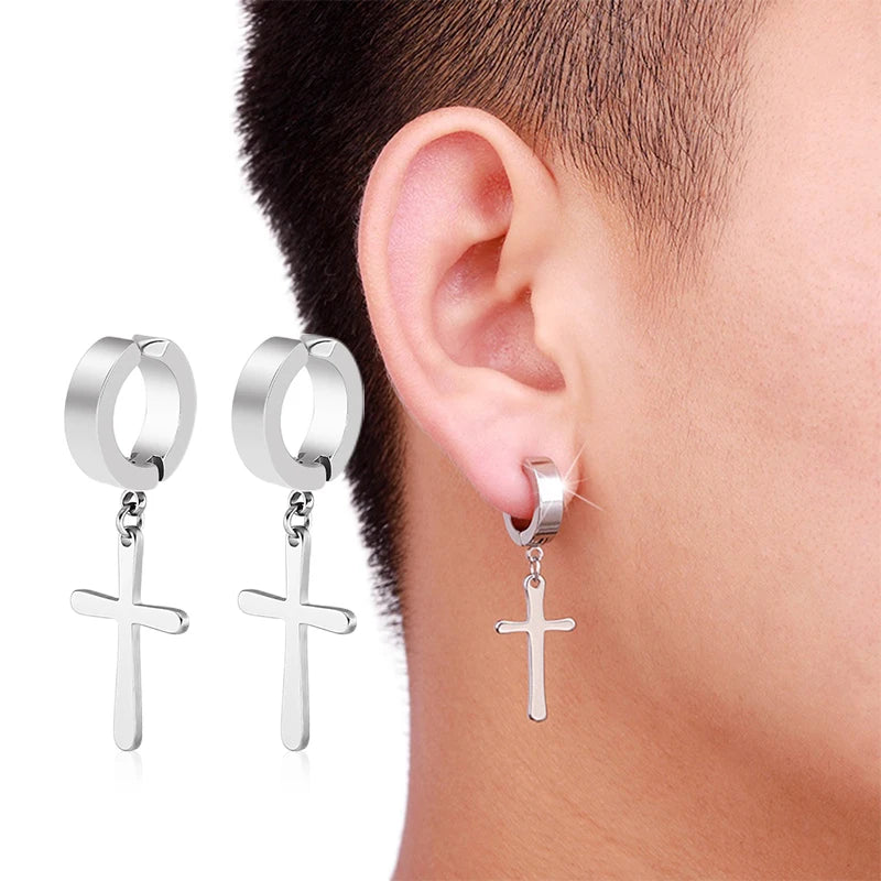 Punk Cross Stars Clip On Earrings | No Piercing Stainless Steel Ear Cuffs for Women M lifestyle view