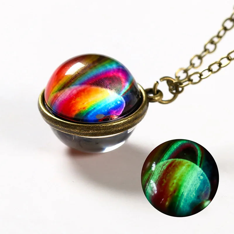 Universe Planet Earth Glass Luminous Double-Sided Retro Pendant Necklace For Women Men G detail view