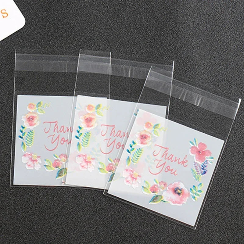 100pcs/lot Plastic Bags Thank you Flower Self-Adhesive Bags for Homemade Cookie Party Gi detail view