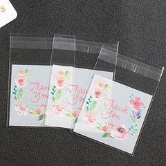 100pcs/lot Plastic Bags Thank you Flower Self-Adhesive Bags for Homemade Cookie Party Gi detail view