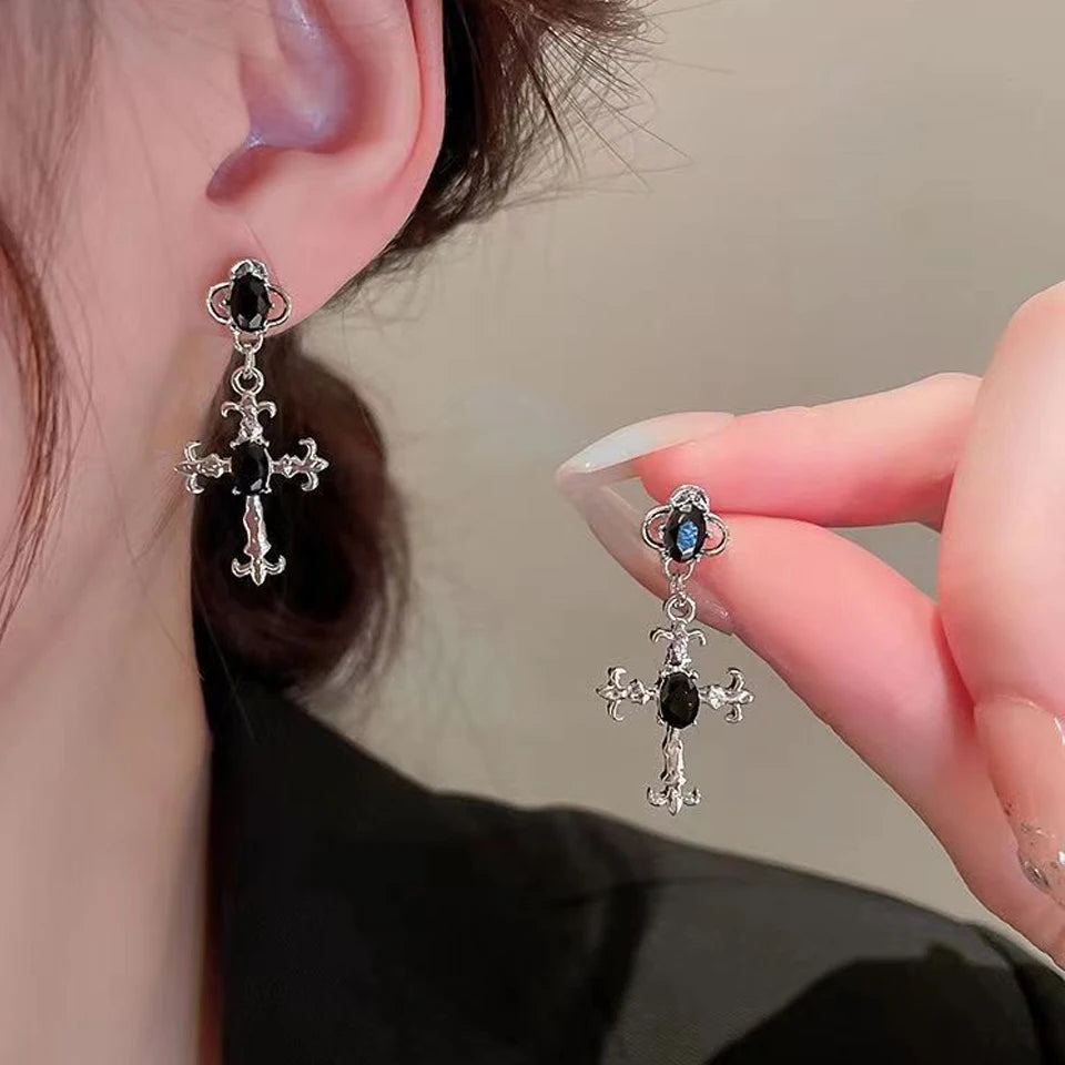 Yupsk Punk Fashion Black Crystal Stone Cross Drill Drop Earring for Women Girls Halloween Jewellery