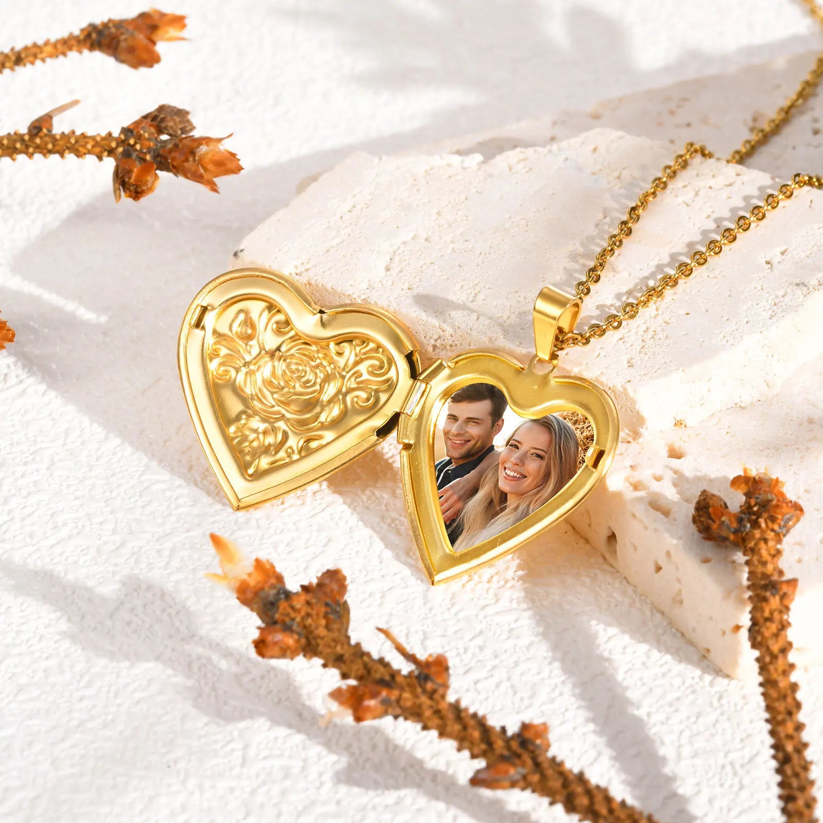 Gold Heart Locket Necklace with Photo Frame | Stainless Steel Jewelry for Women close-up view