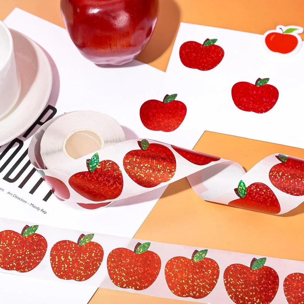 Red Apple Sticker Roll | 500 Christmas Party Decals detail view