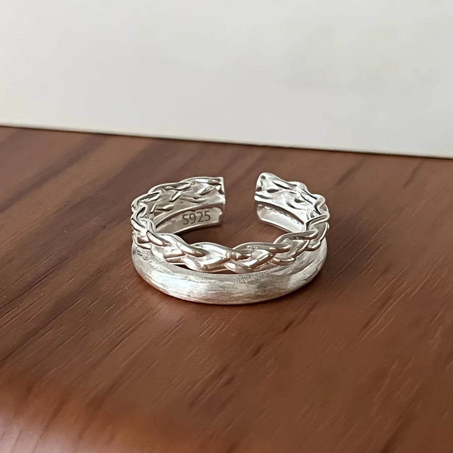 PANJBJ 925 Sterling Silver Frosting Geometry Ring for Women Wide Texture Versatile Han close-up view
