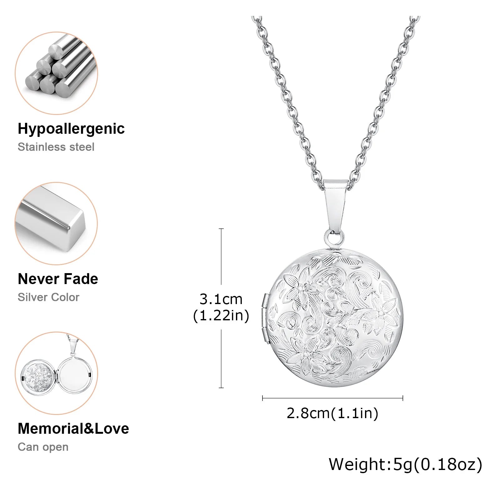 Vnox Never Fade Silver Color Stainless Steel Women Locket Pendant, Openable Heart P additional angle