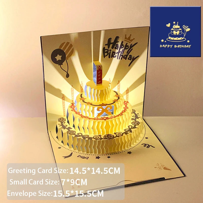 3D Music Light Birthday Card | Pop Up Cake Musical Greeting with Envelope close-up view
