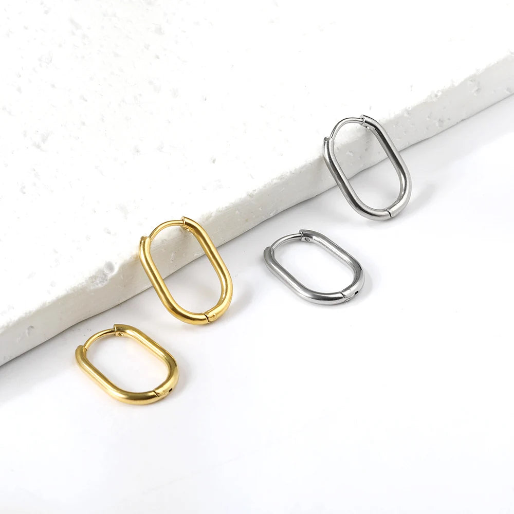 LUXUSTEEL Golden Plated Geometric Oval Hoop Earrings | Unisex Fashion Earrings alternate view
