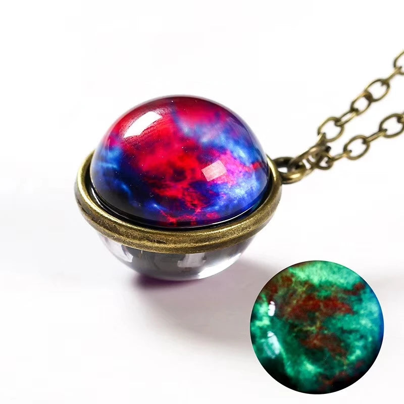 Universe Planet Earth Glass Luminous Double-Sided Retro Pendant Necklace For Women Men G detail view