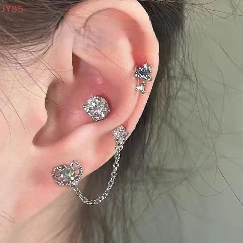 Double Ear Hole Ear Bone Chain Earrings | Sweet Cool Y2K Dazzle Color Jewelry detail view
