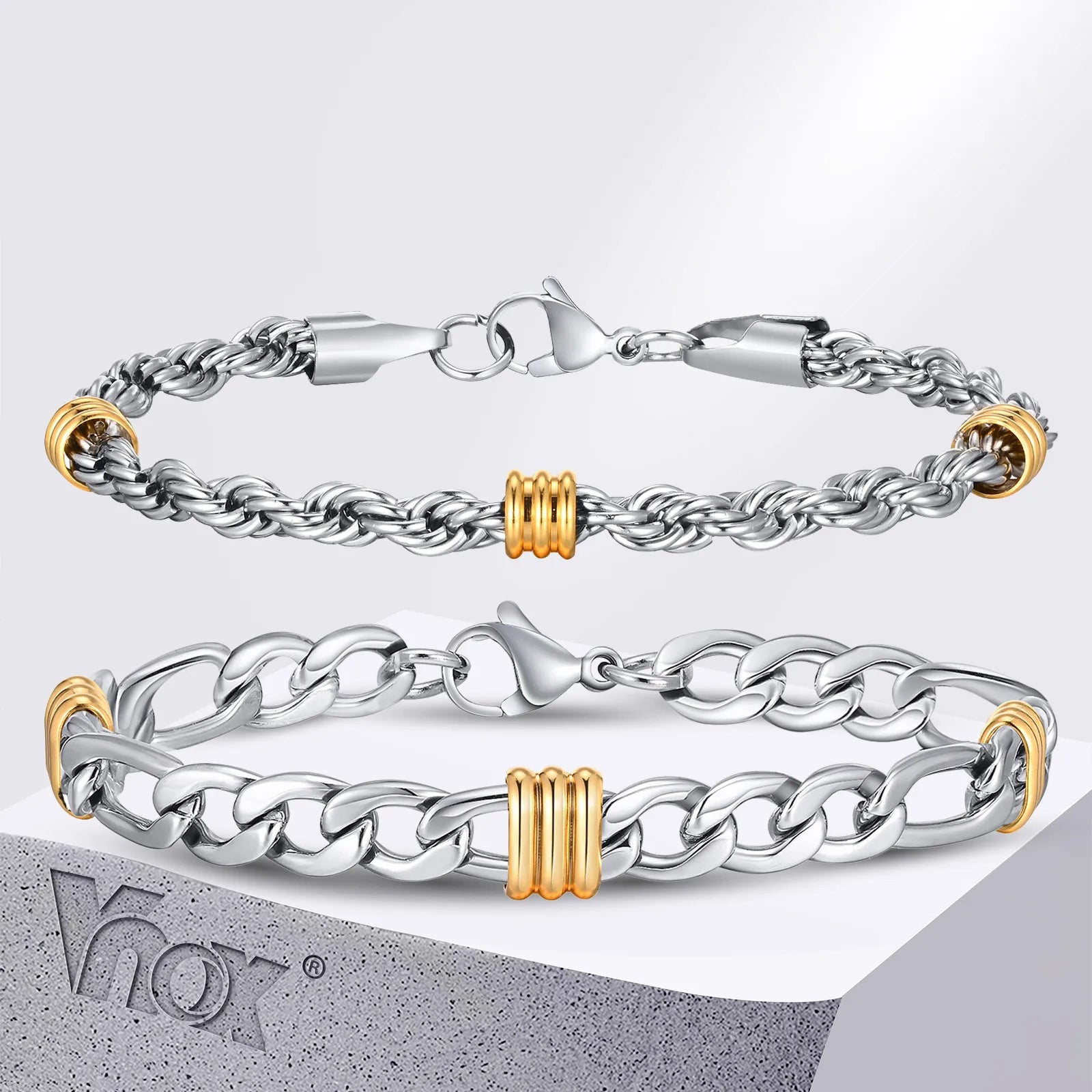 Vnox Men's Stainless Steel Rope Chain Bracelet with Tube Charms | Trendy Cuban Link additional angle