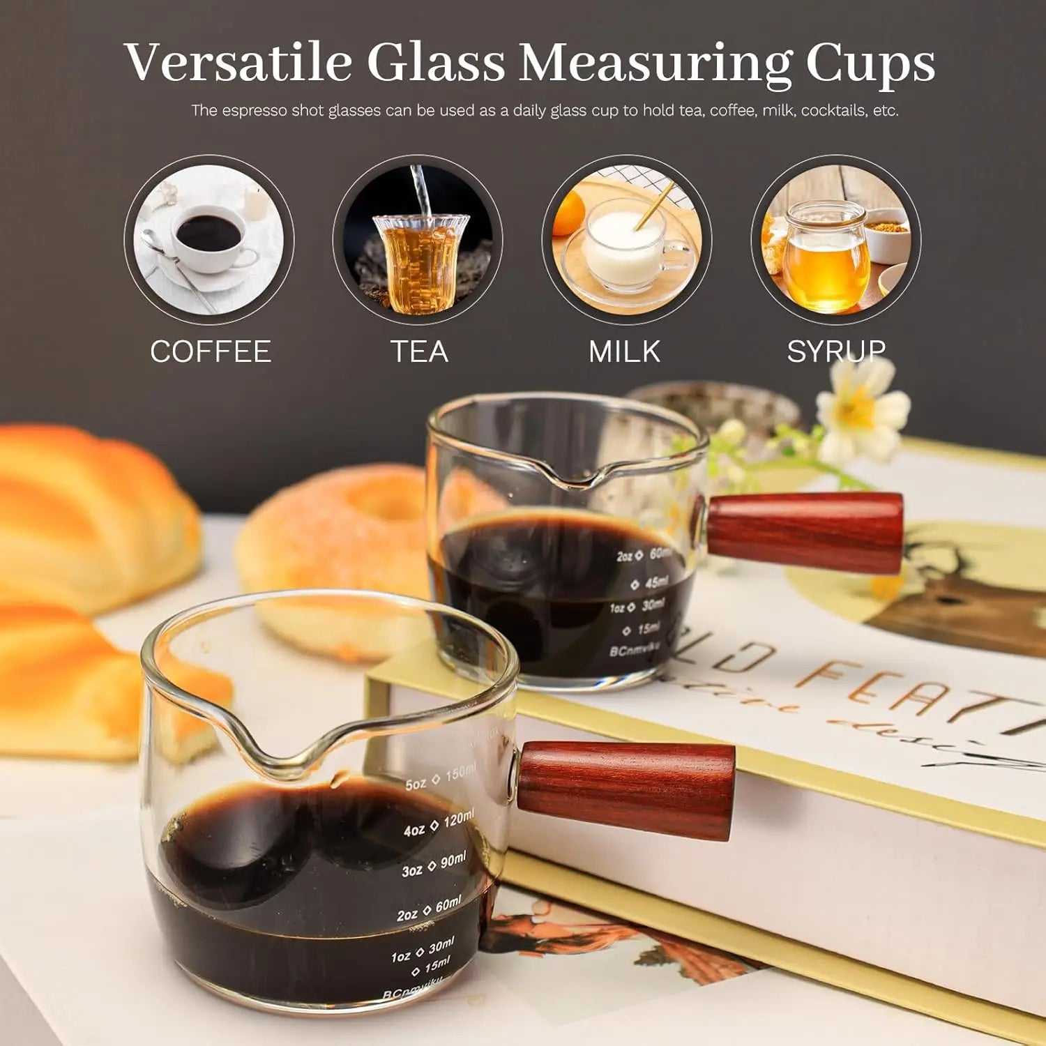 3 Oz Espresso Measuring Cup Shot Glasses Measuring Triple Pitcher Single Spout Glass C close-up view