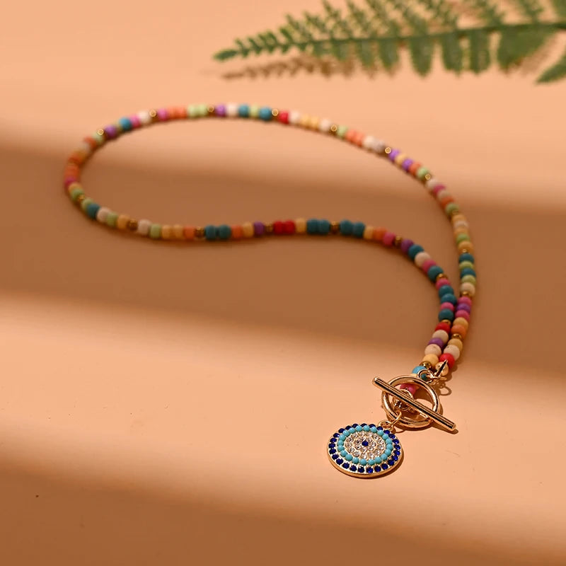 Colorful Stone Choker Necklace | Round Evil Charm Pendant for Women detail view