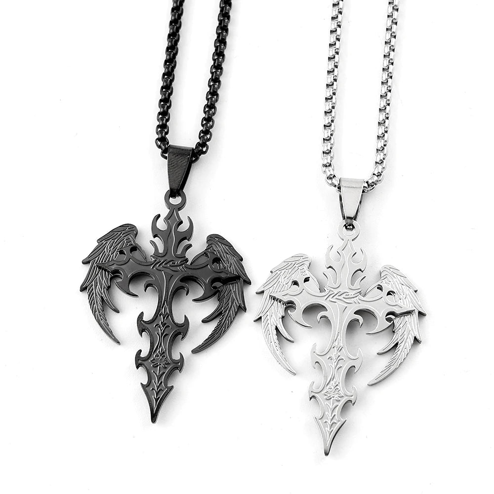 Gothic Punk Angle Wing Spiked Cross Pendant Necklace For Women Men Stainless Steel Black Color Hip H