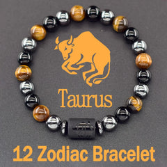 12 Zodiac Sign Bracelet Homme Constellation Bangle Natural Yellow Tiger Eye Stone Hematite Cancer Vi