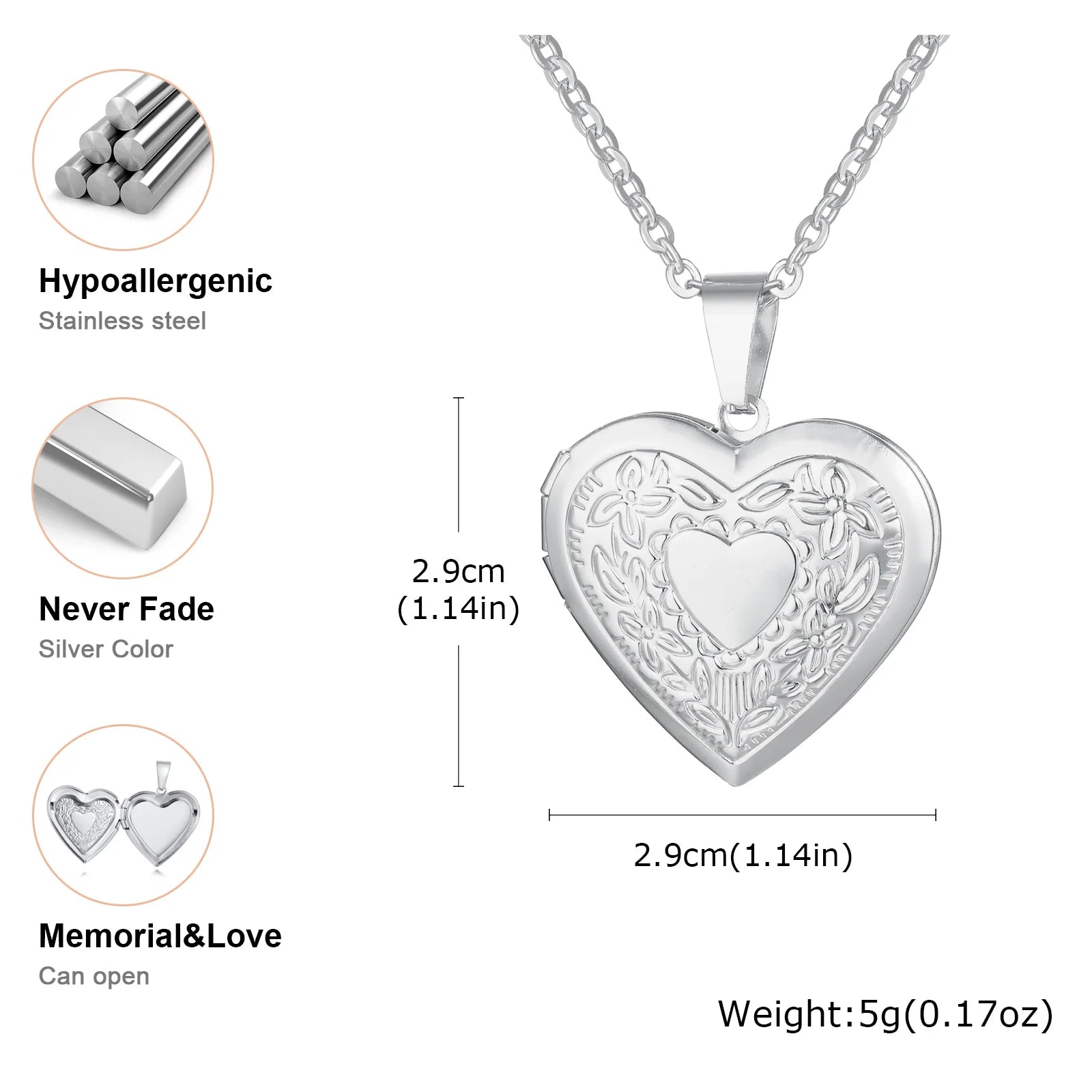 Vnox Light Heart Locket Pendants for Women Men Openable Photo Frame Glossy Stainles additional angle