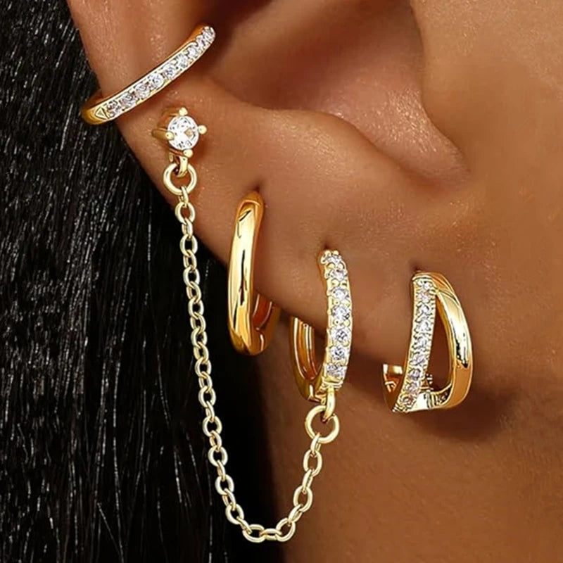 4PC Chain Huggie Earring Set | Flower Tragus Hoop Earrings for Women alternate view
