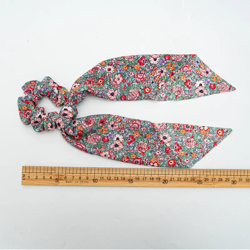 Fashion Flower Print Bow Satin Long Ribbon Ponytail Scarf Tie Scrunchies Women Girls lifestyle view