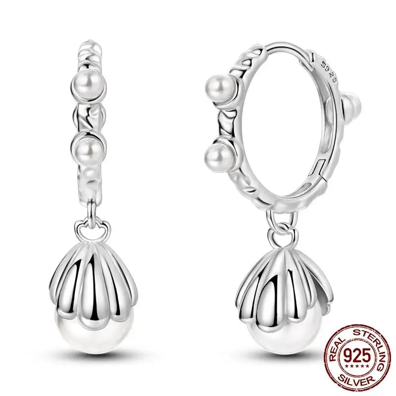 Luminous Shell Women Earrings Original 925 Sterling Silver Pave CZ Star Moon Hoop Earr close-up view