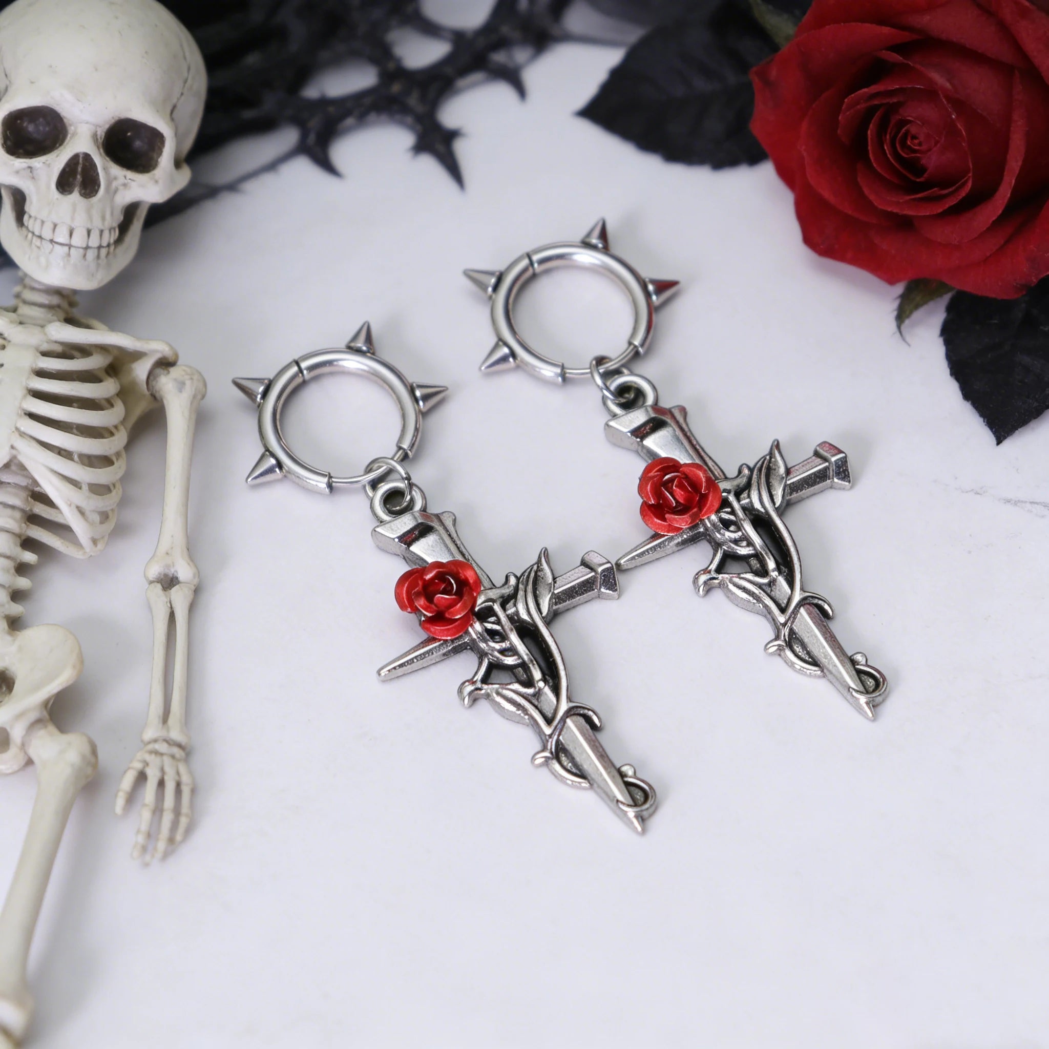 Gun-black Cross Rose Earrings Gothic Halloween Happy Night Rock Hip Hop Jewelry Ear additional angle