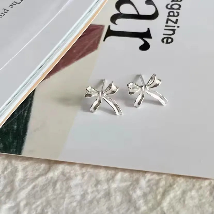 PANJBJ 925 Sterling Silver Bow Knot Earring for Women Texture Tassels Sweet Romantic Kor detail view