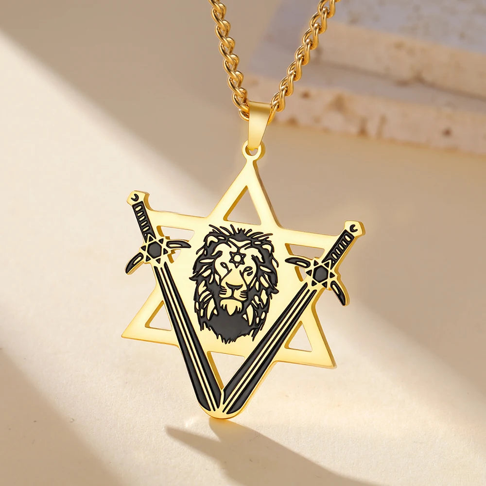 Dawapara Victory Swords Lion of Judah and Star of David Necklace | Judaica Protection Amulet Stainle