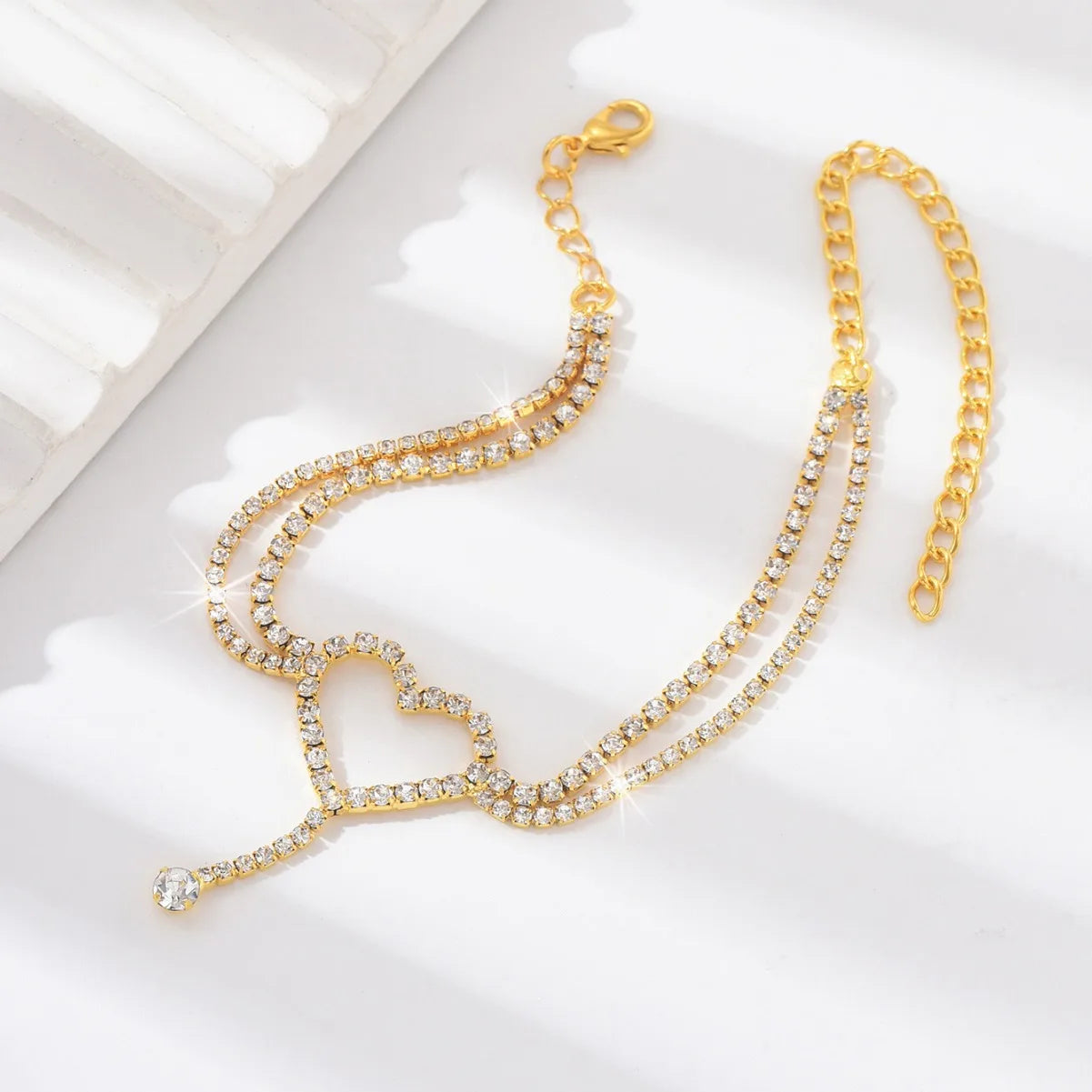 Shiny Bling Heart Drop Tassel Charm Double Layer Anklet Women Beach Foot Chain Vacation detail view
