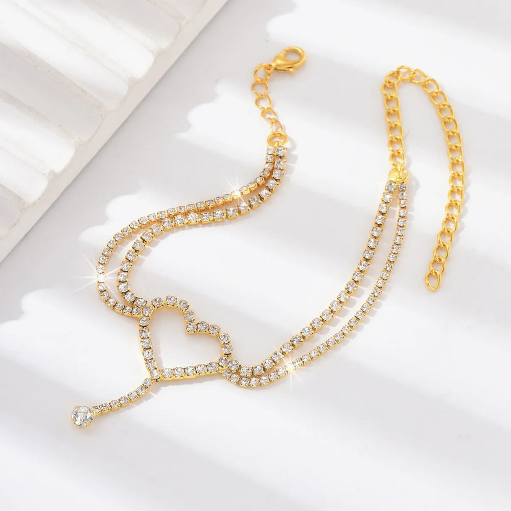 Shiny Bling Heart Drop Tassel Charm Double Layer Anklet Women Beach Foot Chain Vacation detail view