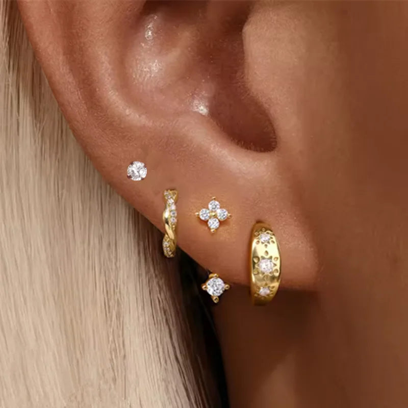 4PCS Fashion Stainless Steel Zirconia Star Huggie Hoop Earrings Set for Women Curious close-up view