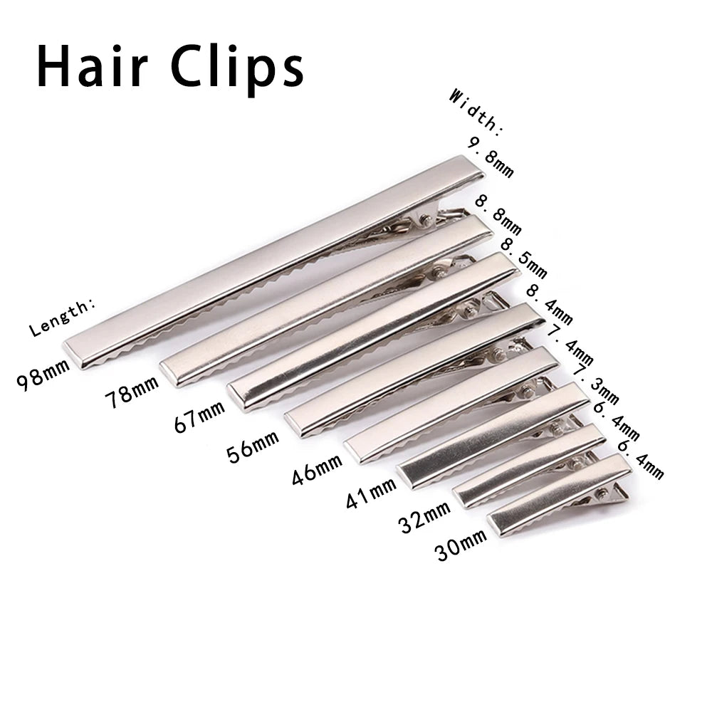 20/50Pcs 30/40/45/55/75/100mm Flat Metal Single Prong Alligator Hairpin Clip Base for close-up view