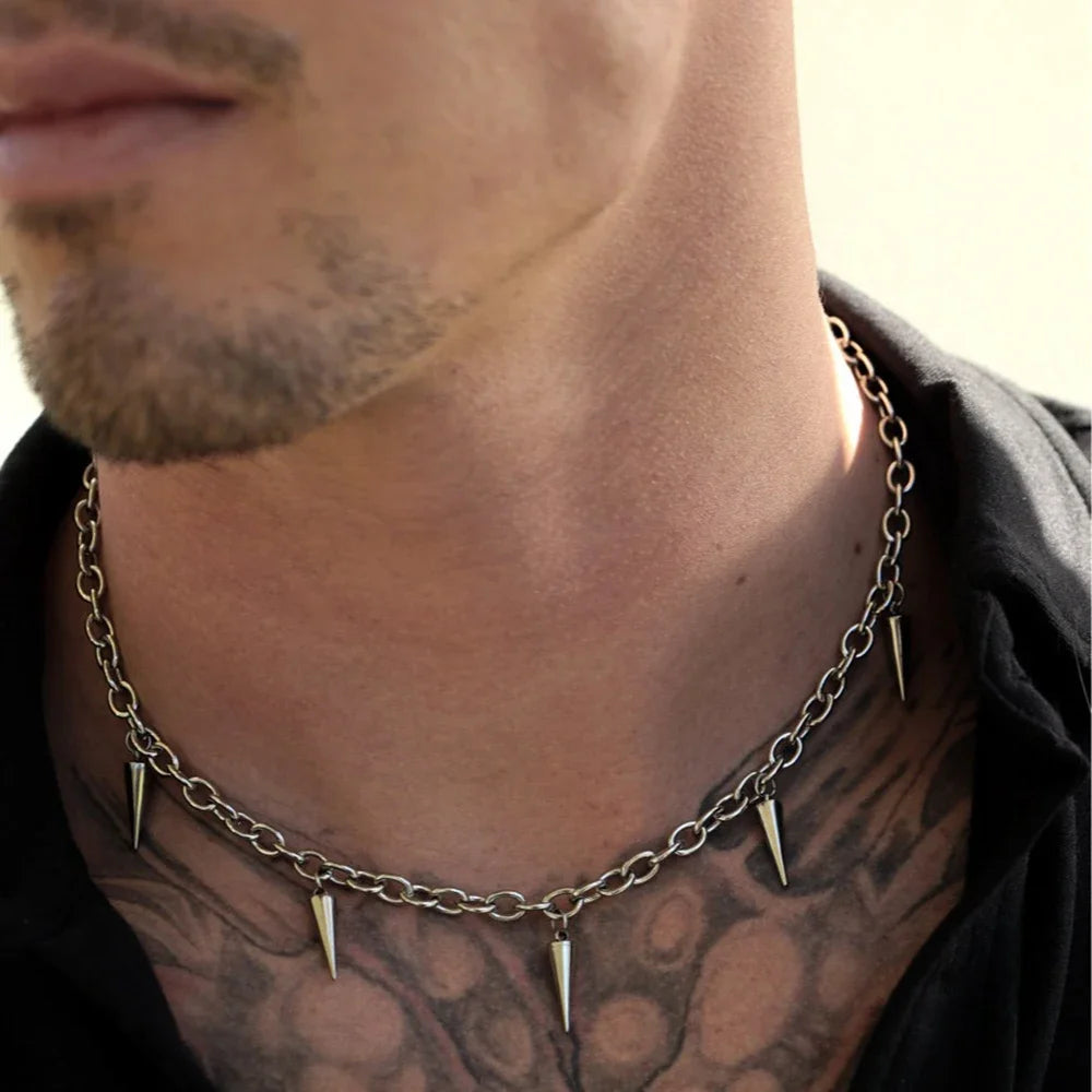 Men Punk Style Rivet Tassel Necklace Hip Hop Women Fashion Geometric Titanium Steel C alternate view