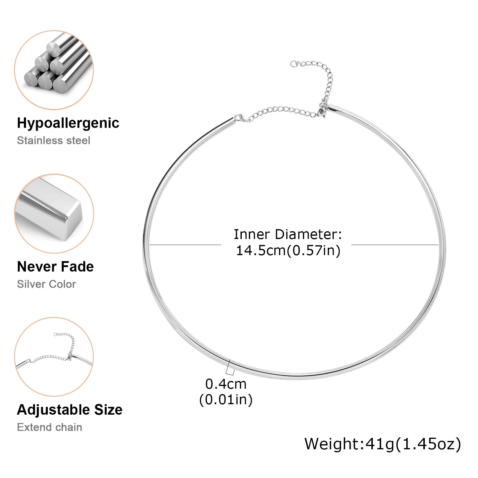 Dainty 4MM Wide Choker Necklace for Women,Silver Color Stainless Steel Necklaces, T additional angle