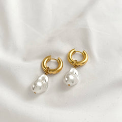 Trendy Asymmetry Pearl Drop Earrings | Stainless Steel Huggie Hoops for Women detail view
