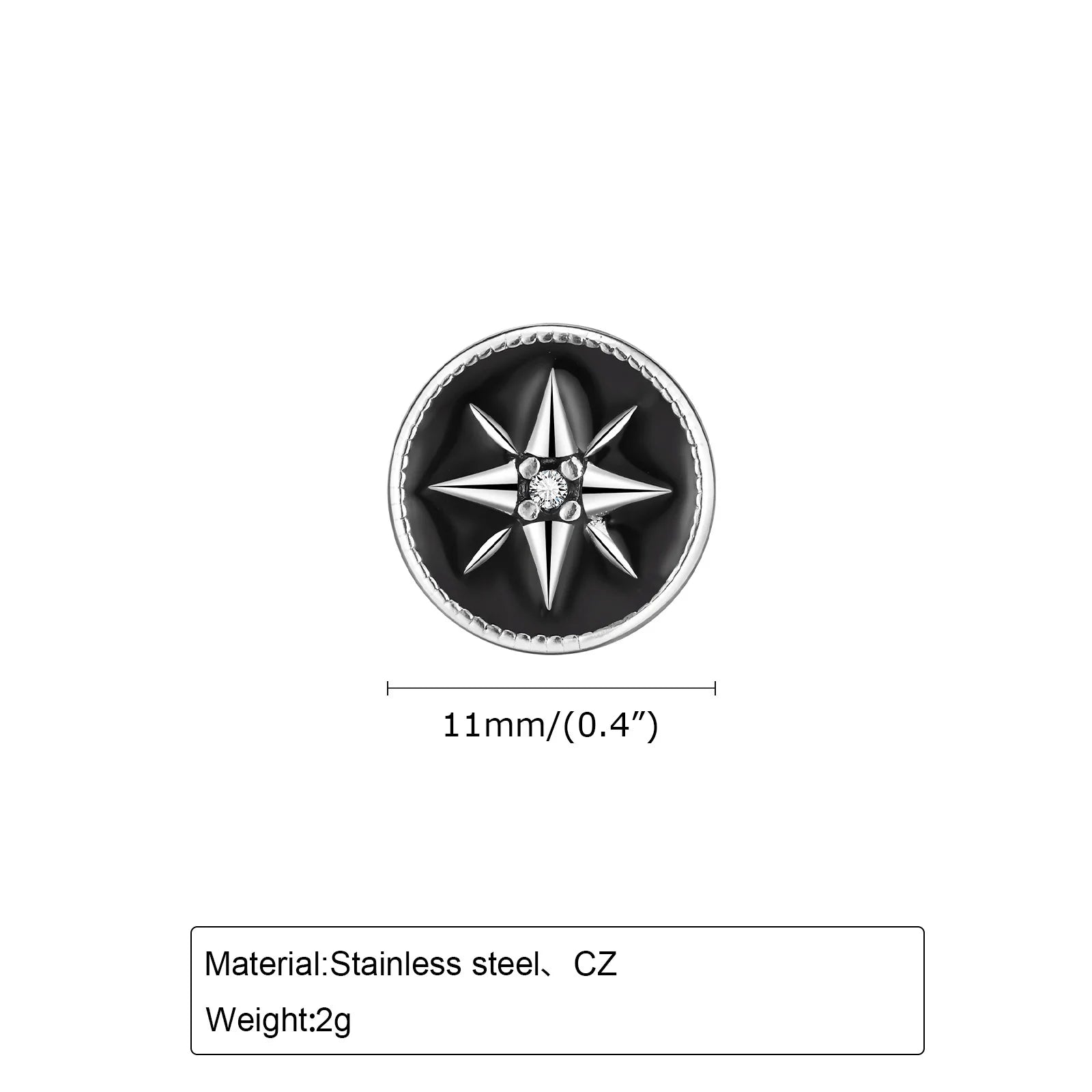 Nautical Compass Star Stud Earring for Men Boys,Black Circle Compass with White Zirco alternate view