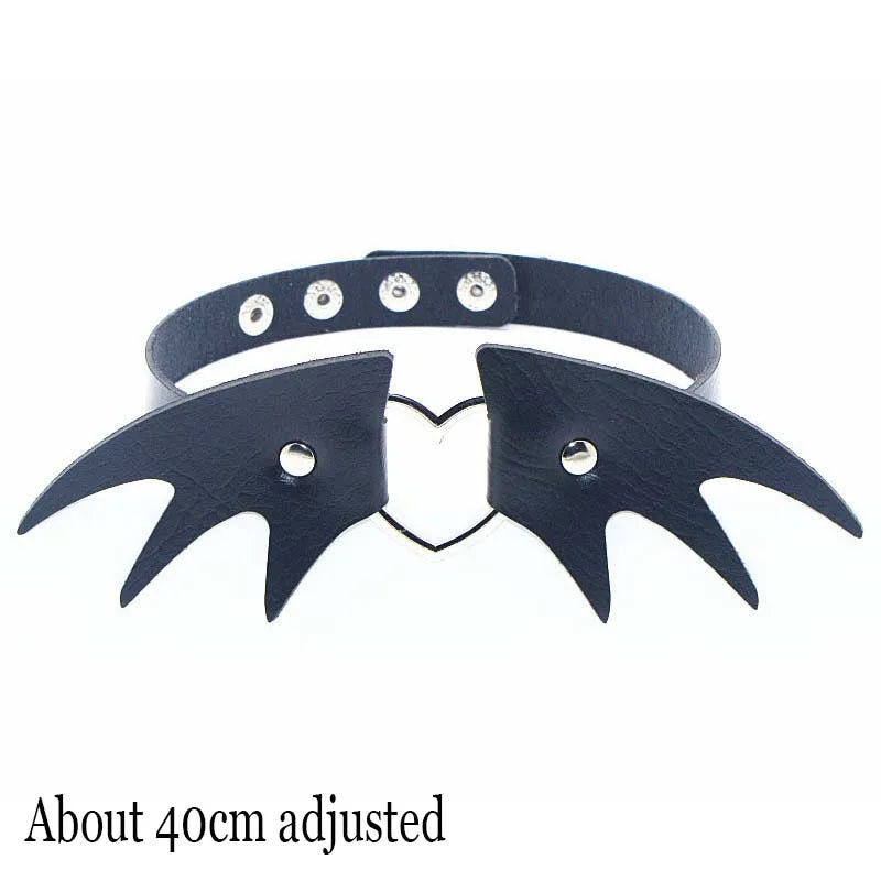 Gothic Bat Heart Lock Punk Choker | Black Leather Collar Necklace close-up view