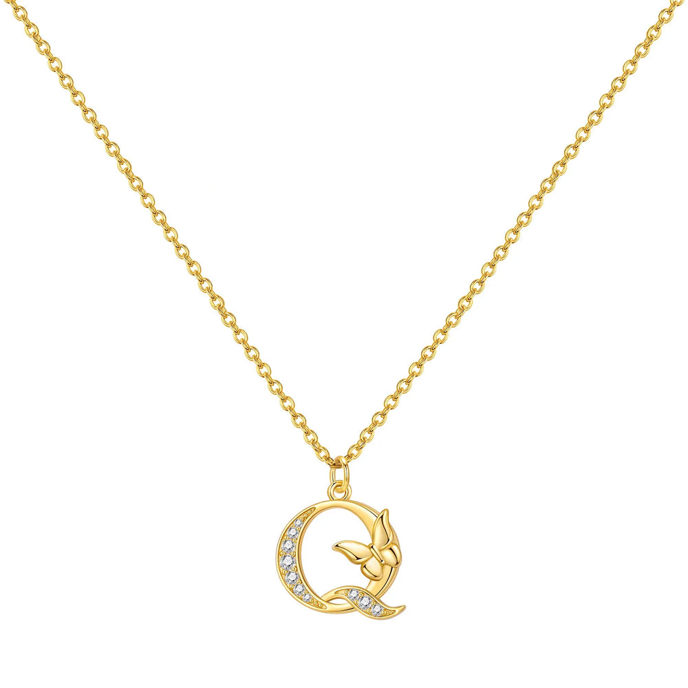 925 Sterling Silver Butterfly Initial Necklace | 26 Letter Y-Shaped Pendant for Women close-up view