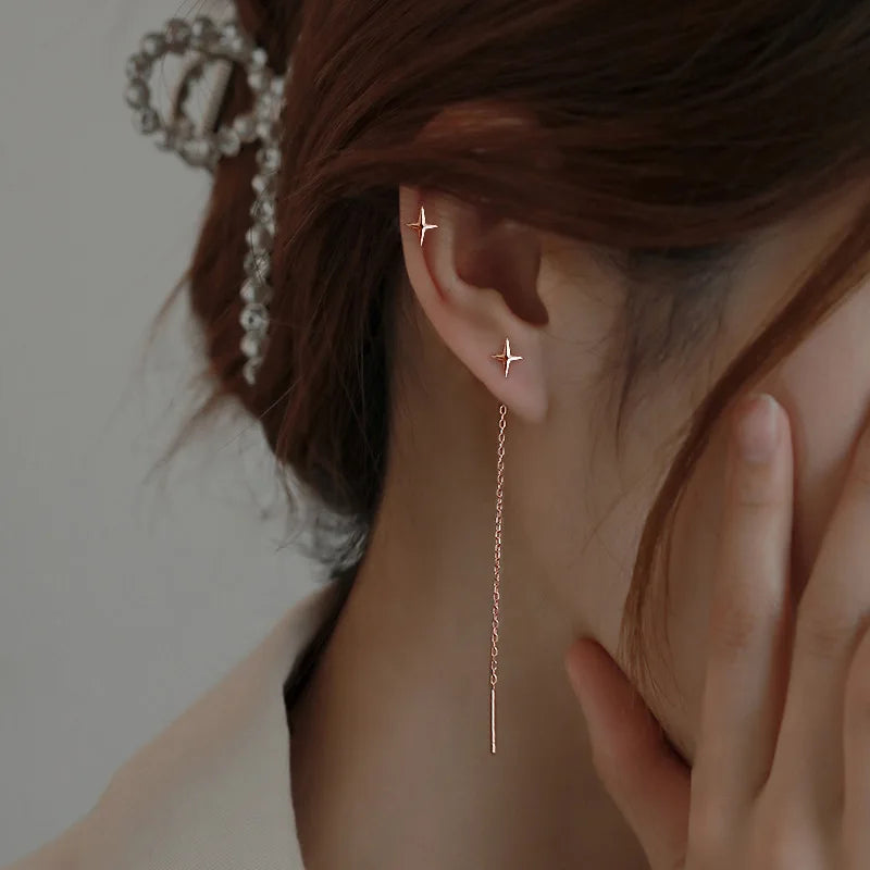 JWER S925 Silver Needle Star Line Earring for Women Tassel Drop Earring Long Chain Be alternate view