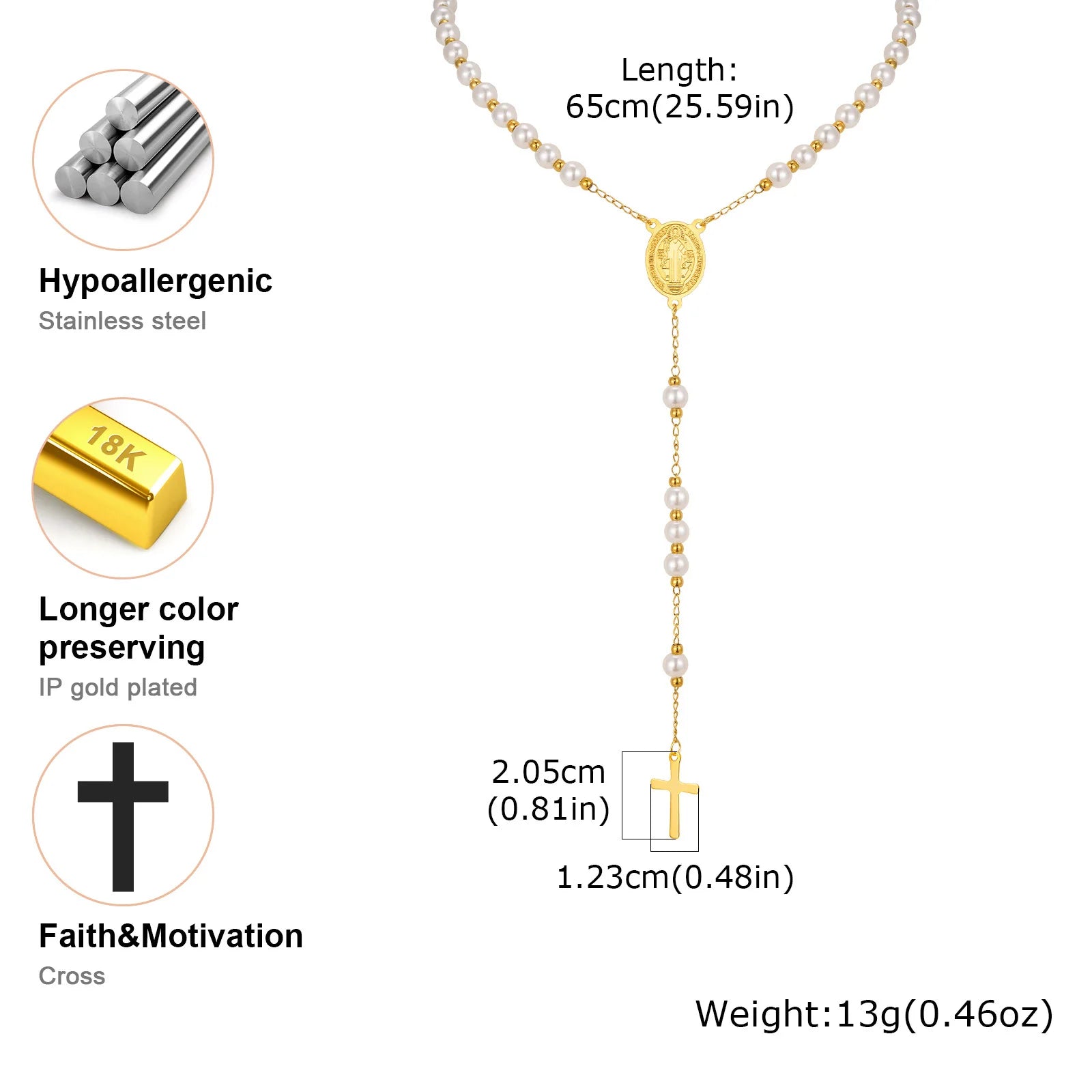 Vnox Stainless Steel Pearl Rosary Beaded Necklace,Virgin Mary Religious Cross Necklace For Women,Prayer Jewelry 65cm Long Chain