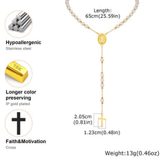 Vnox Stainless Steel Pearl Rosary Beaded Necklace,Virgin Mary Religious Cross Necklace For Women,Prayer Jewelry 65cm Long Chain