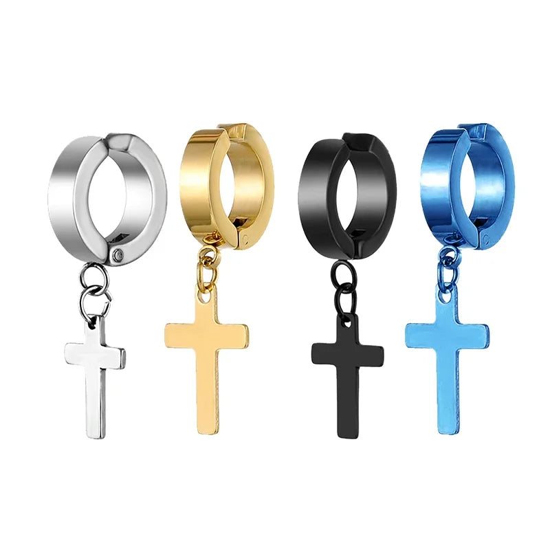 Stainless Steel Clip On Cross Earrings | Non Piercing Gothic Punk Jewelry for Men W additional angle